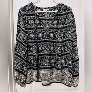 Joie Long Sleeve Boho Tassel Black and Cream Patterned Blouse
